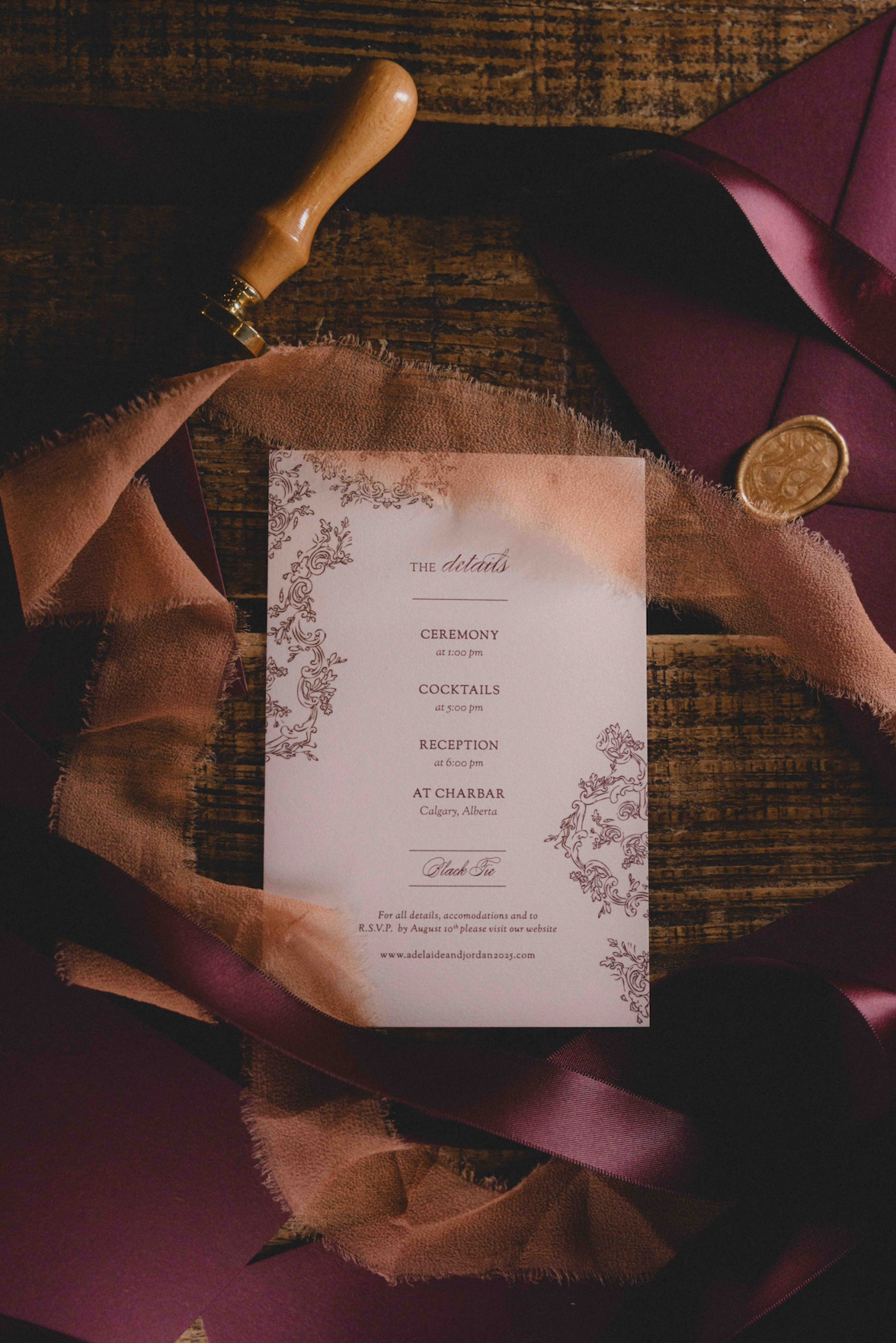 minimal design with subtle, intentional details raw edge ribbon and wax seals